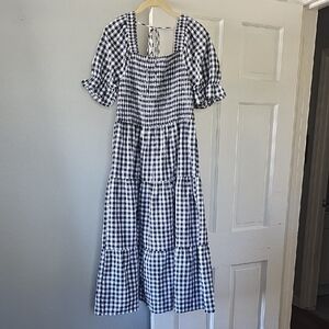 ZESICA Gingham Priarie Smocked Puff Sleeve Midi Dress Black White L